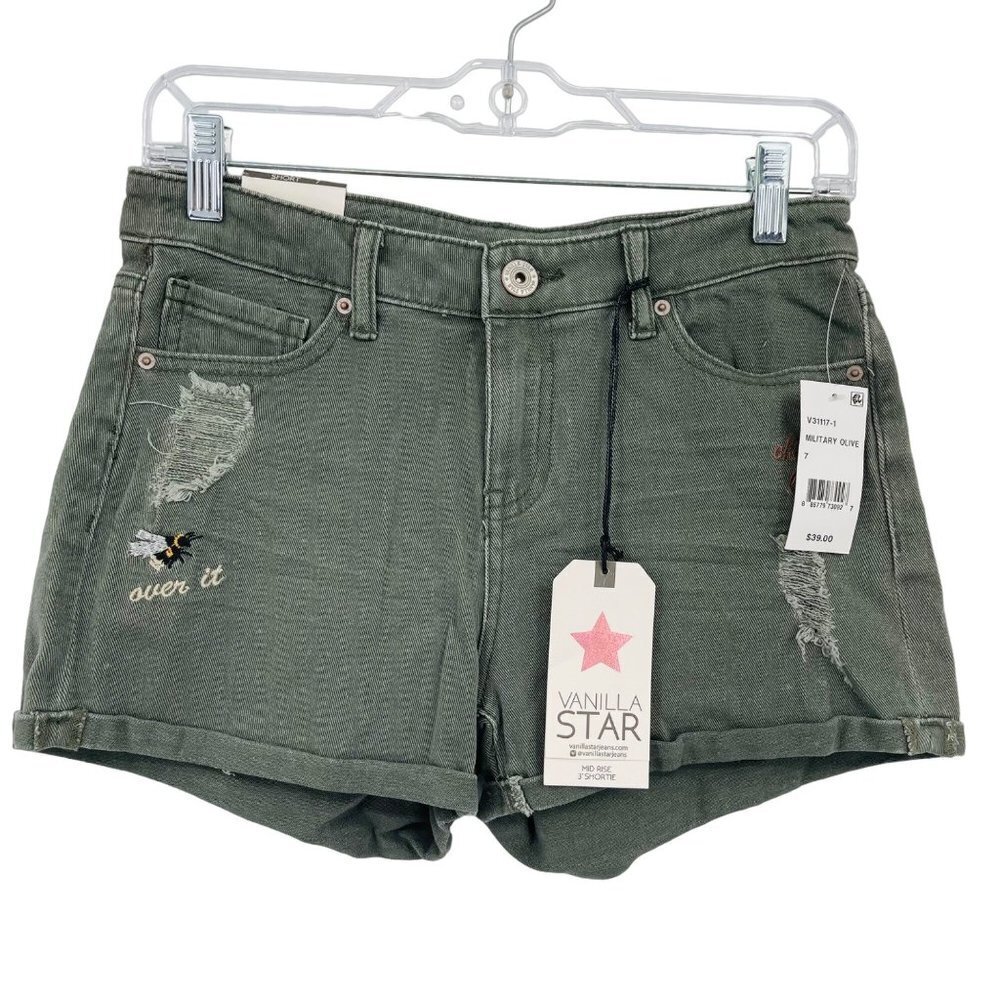 Vanilla Star Womens Mid Rise 3" Shortie Shorts Size 7 Distressed Y2K Embroidered